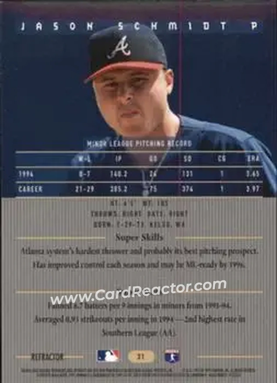 1995 Bowman's Best - Refractors #31 - Jason Schmidt - Atlanta Braves - Back