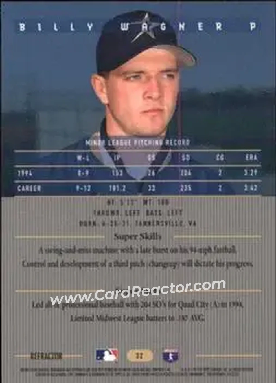 1995 Bowman's Best - Refractors #32 - Billy Wagner - Houston Astros - Back