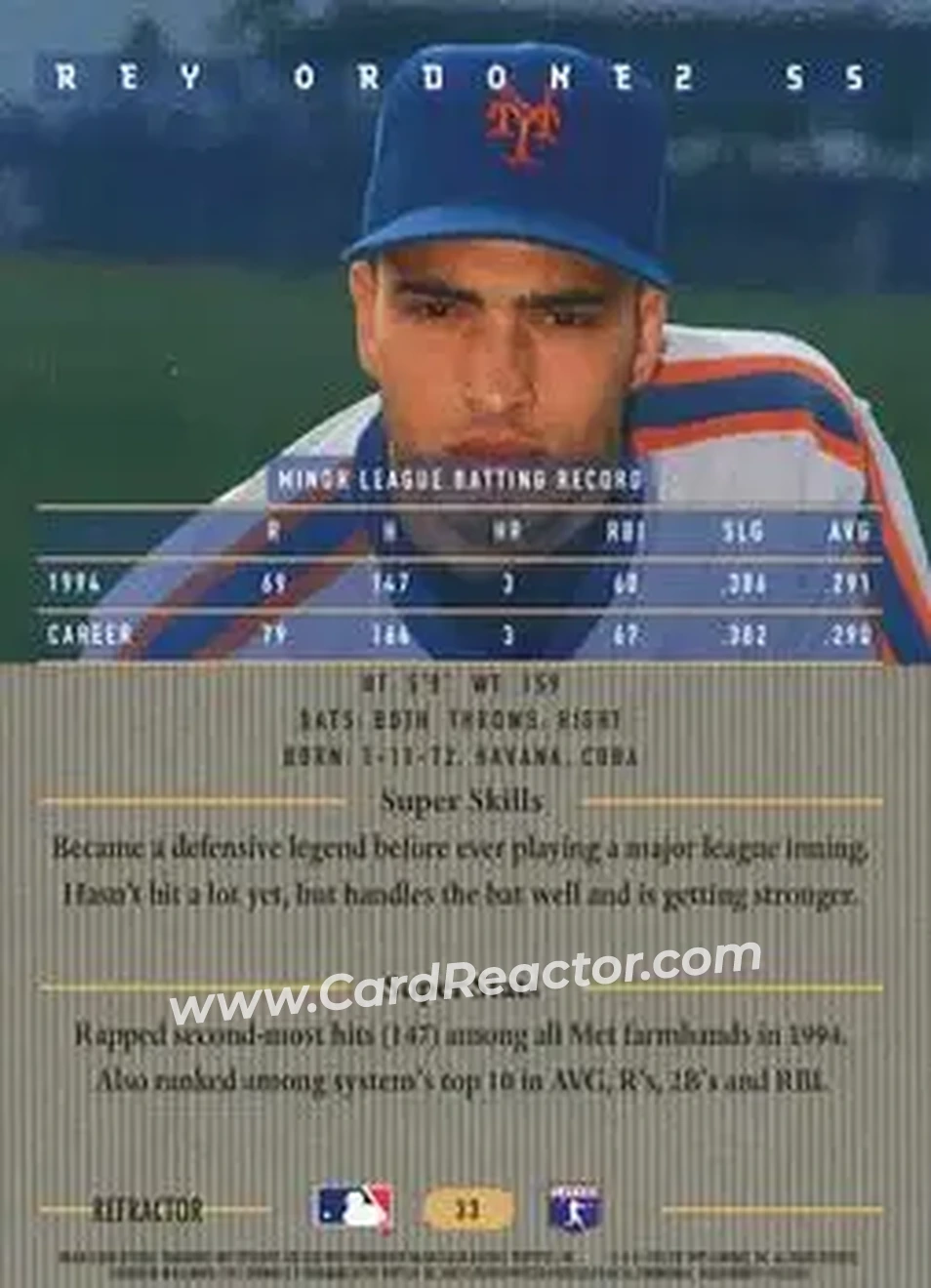 1995 Bowman's Best - Refractors #33 - Rey Ordonez - New York Mets - Back 1995 Bowman's Best - Refractors #33 - Rey Ordonez - New York Mets - Back