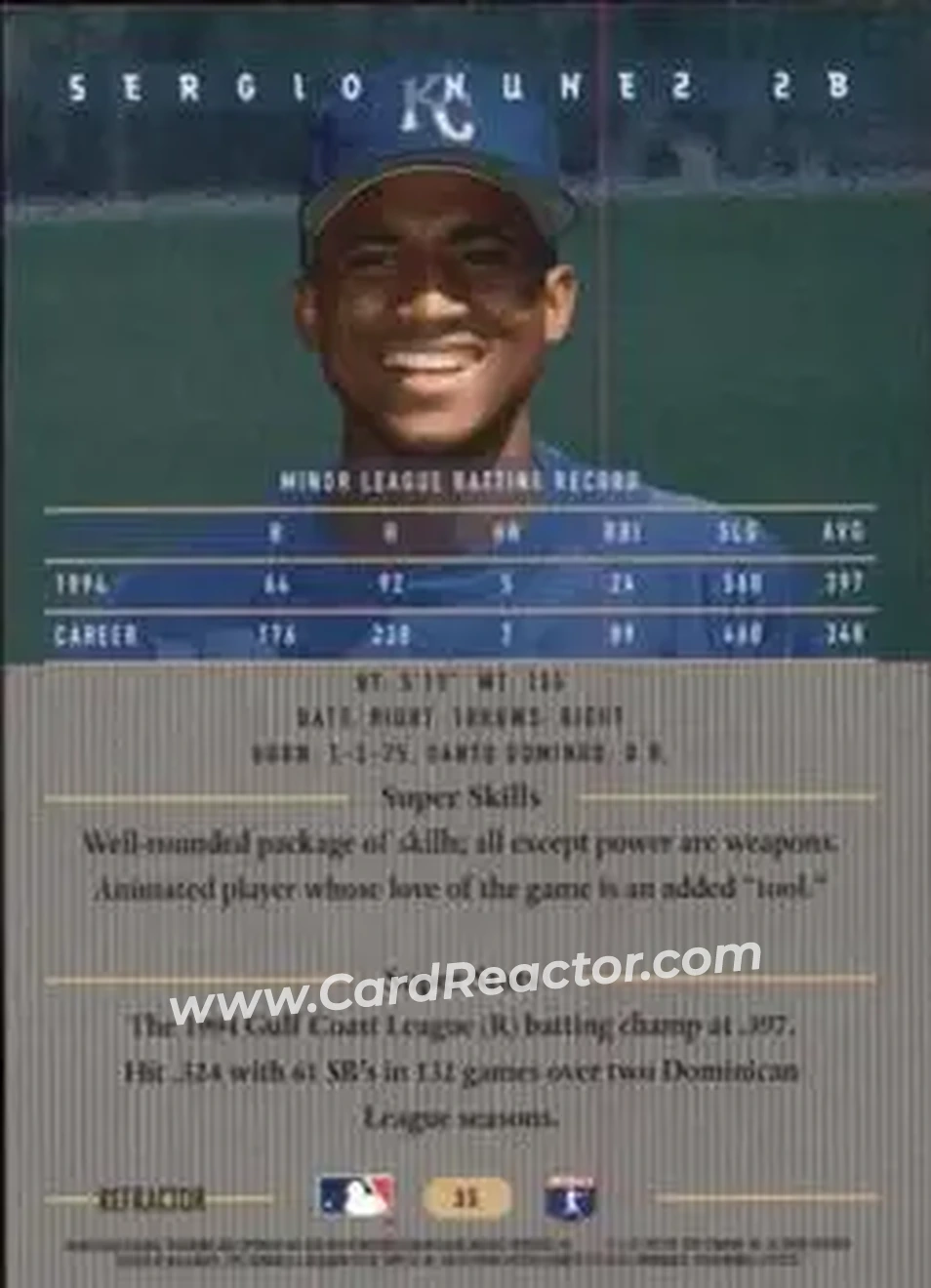 1995 Bowman's Best - Refractors #35 - Sergio Nunez - Kansas City Royals - Back