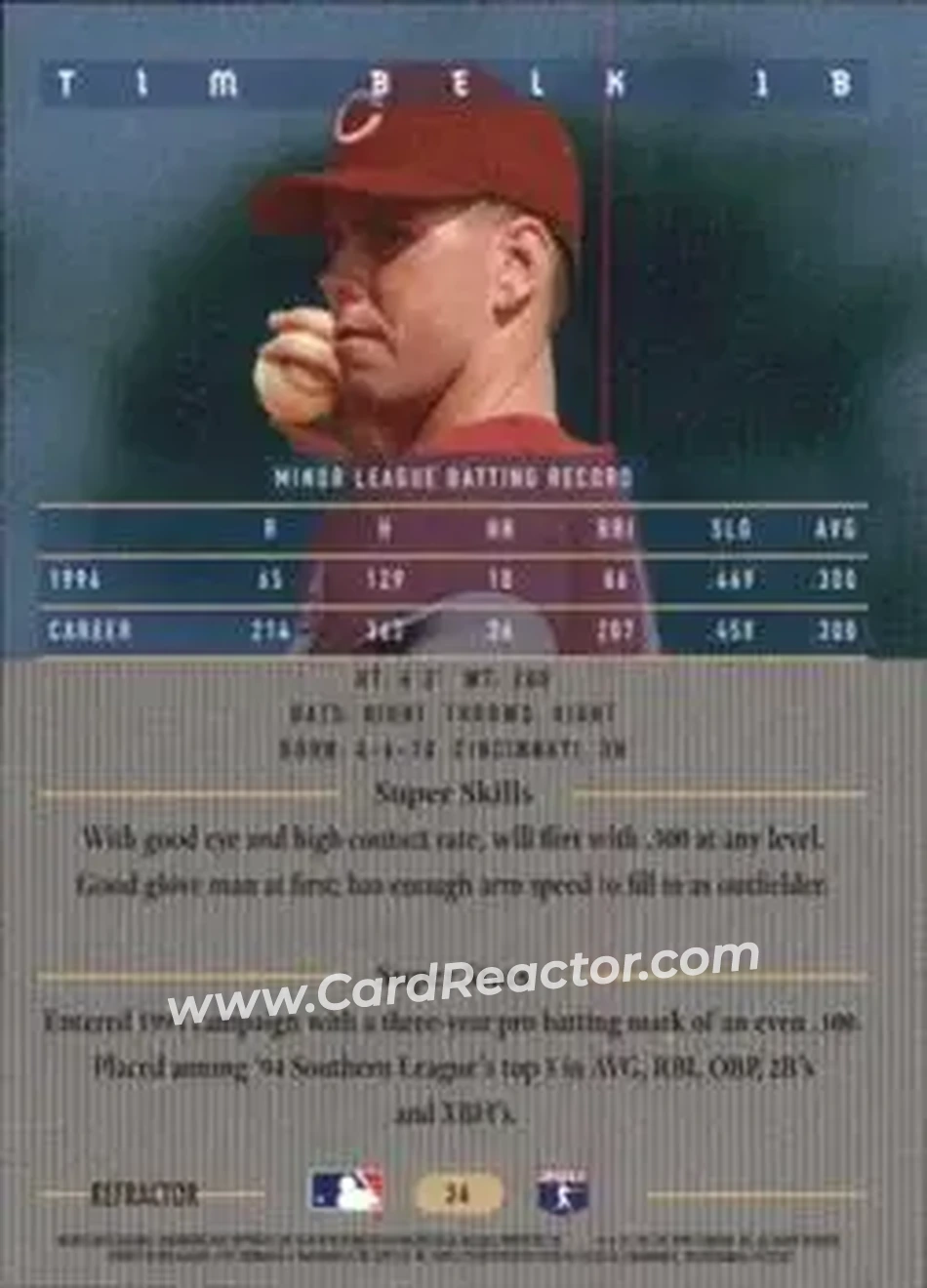1995 Bowman's Best - Refractors #36 - Tim Belk - Cincinnati Reds - Back