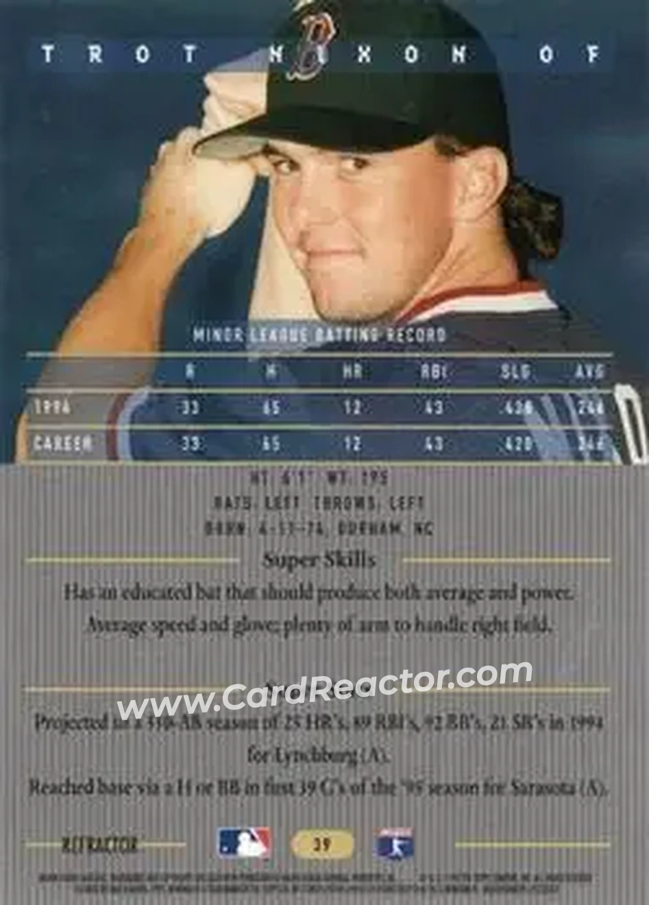 1995 Bowman's Best - Refractors #39 - Trot Nixon - Boston Red Sox - Back