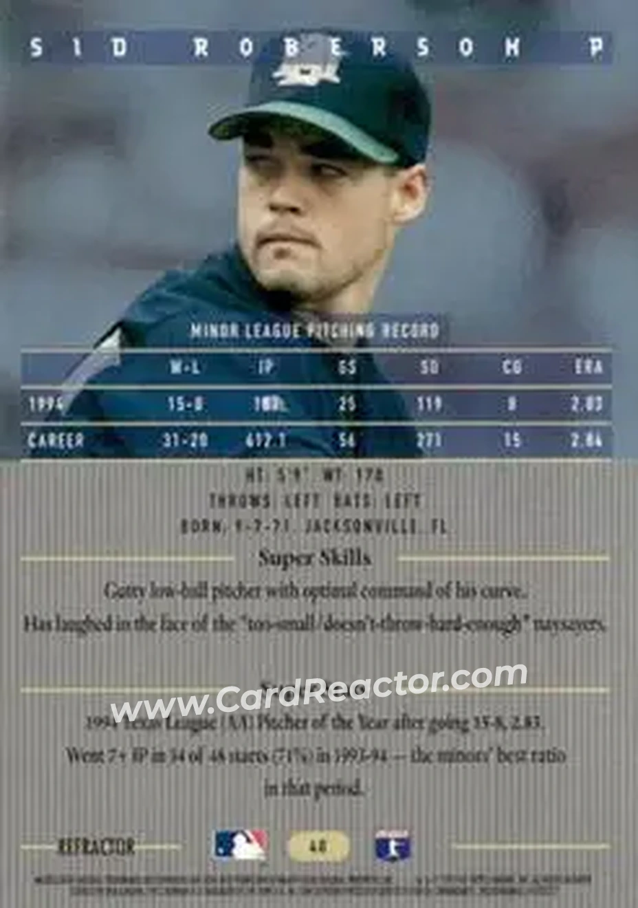 1995 Bowman's Best - Refractors #40 - Sid Roberson - Milwaukee Brewers - Back