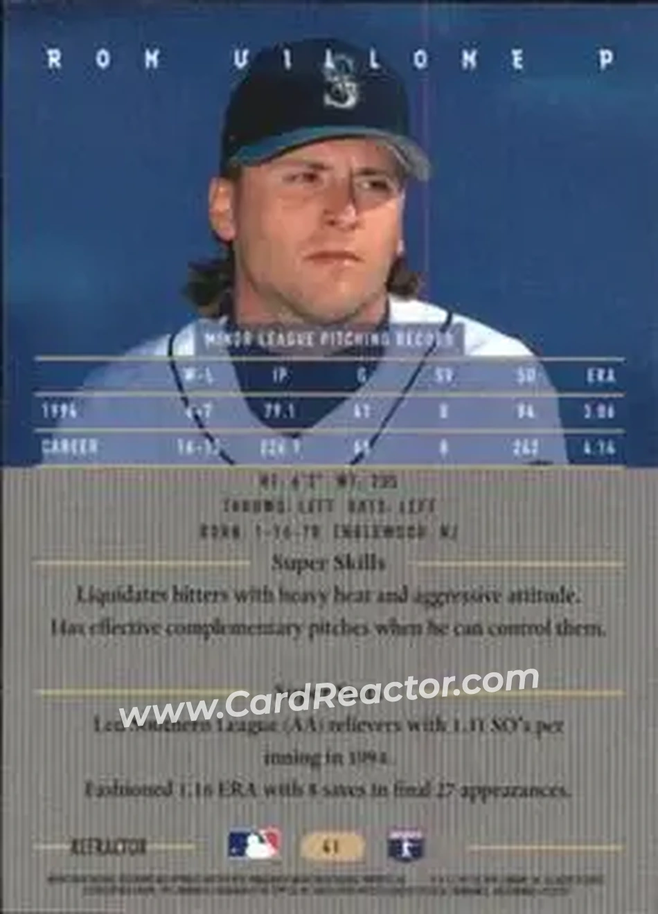 1995 Bowman's Best - Refractors #41 - Ron Villone - Seattle Mariners - Back
