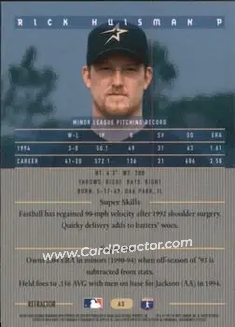 1995 Bowman's Best - Refractors #43 - Rick Huisman - Houston Astros - Back
