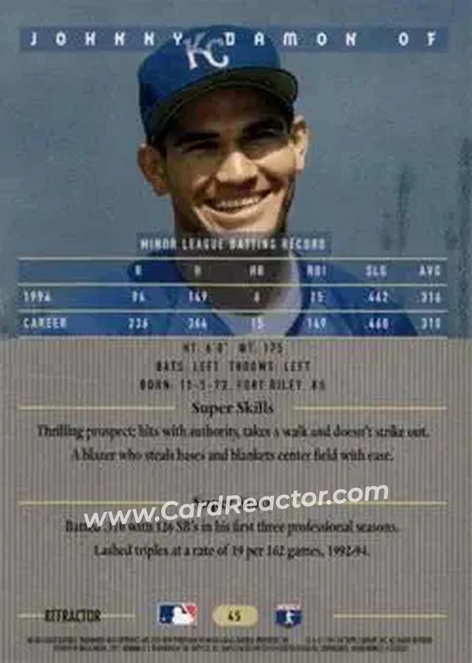 1995 Bowman's Best - Refractors #45 - Johnny Damon - Kansas City Royals - Back