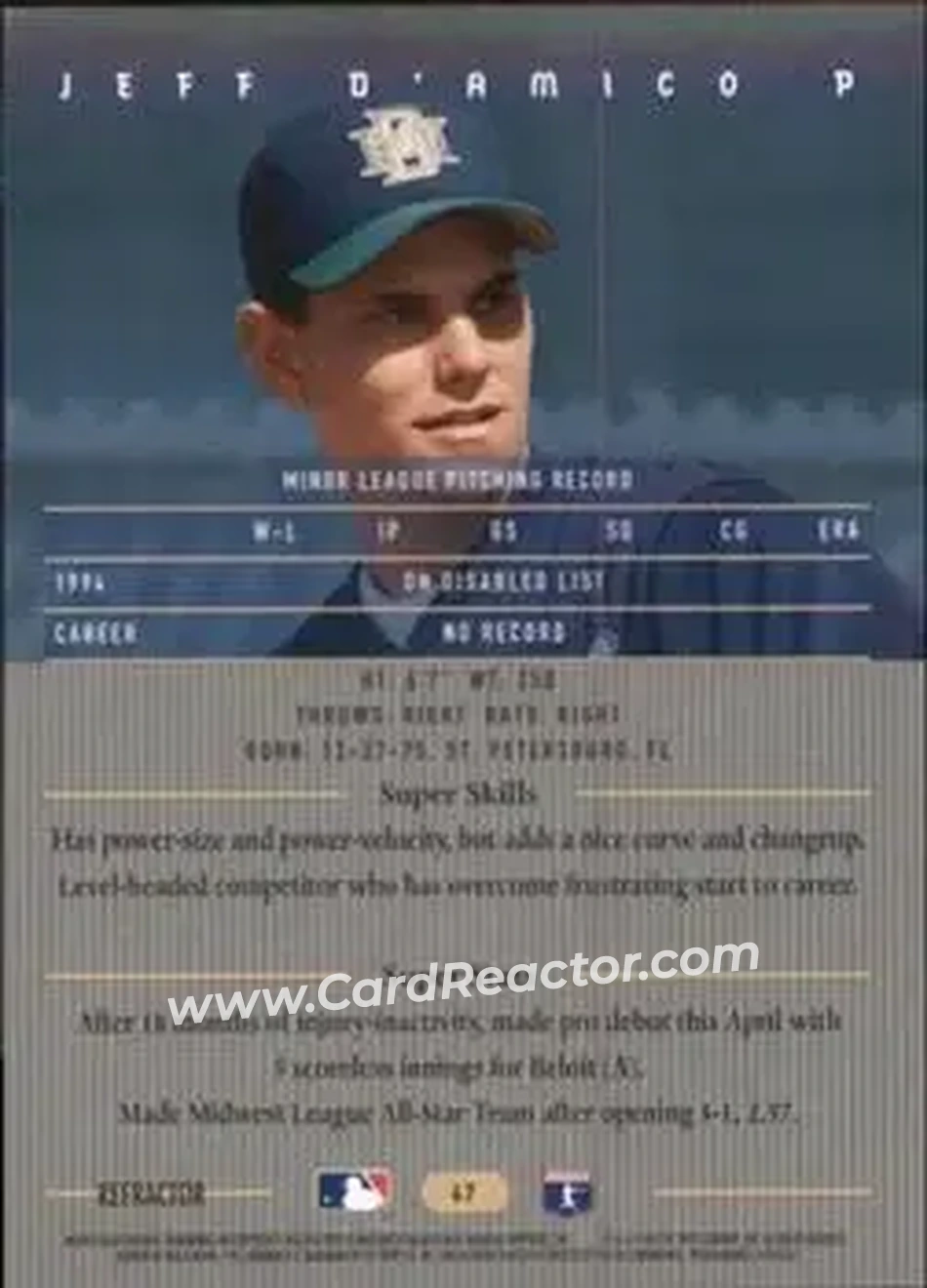 1995 Bowman's Best - Refractors #47 - Jeff D'Amico - Milwaukee Brewers - Back