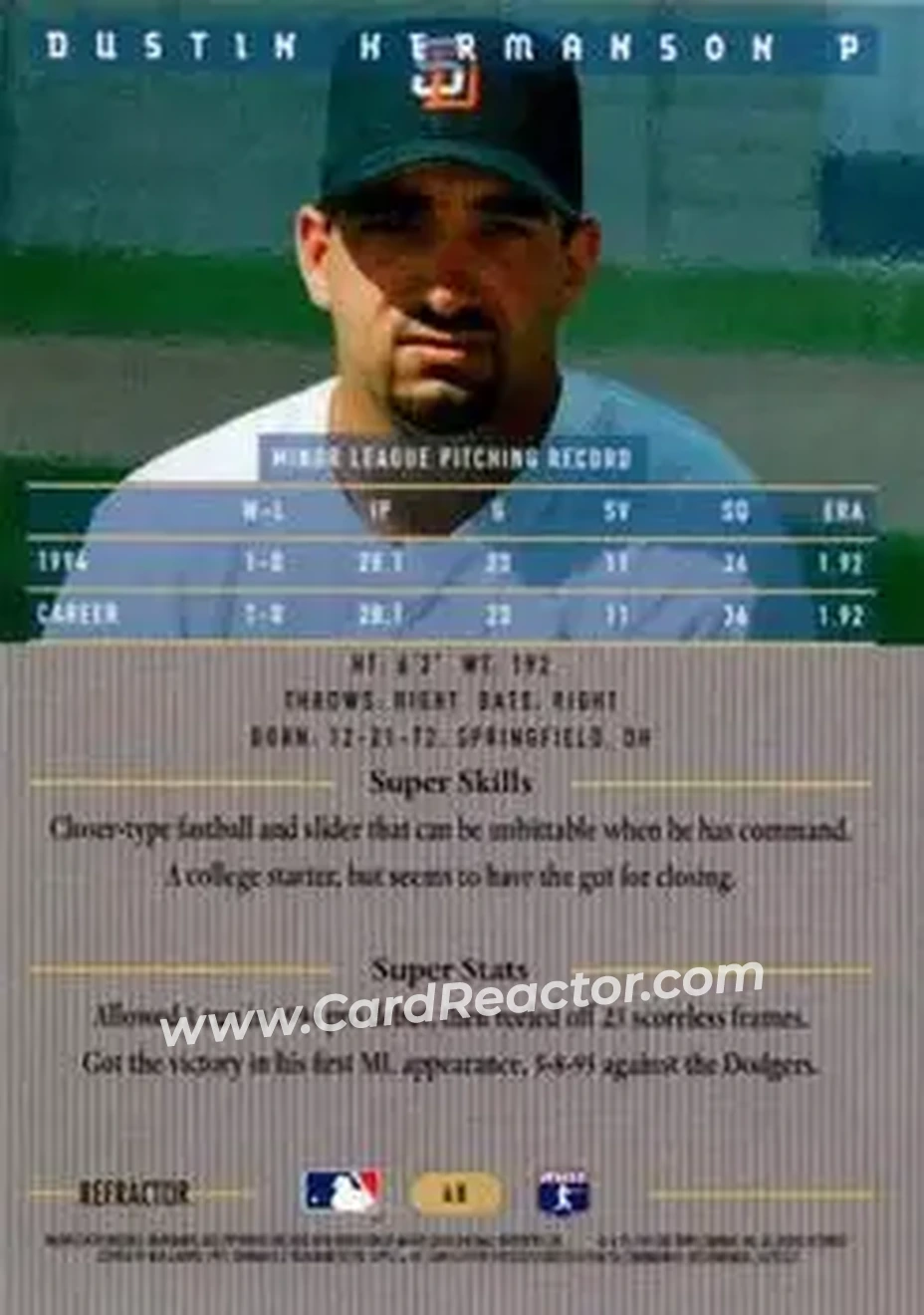 1995 Bowman's Best - Refractors #48 - Dustin Hermanson - San Diego Padres - Back 1995 Bowman's Best - Refractors #48 - Dustin Hermanson - San Diego Padres - Back