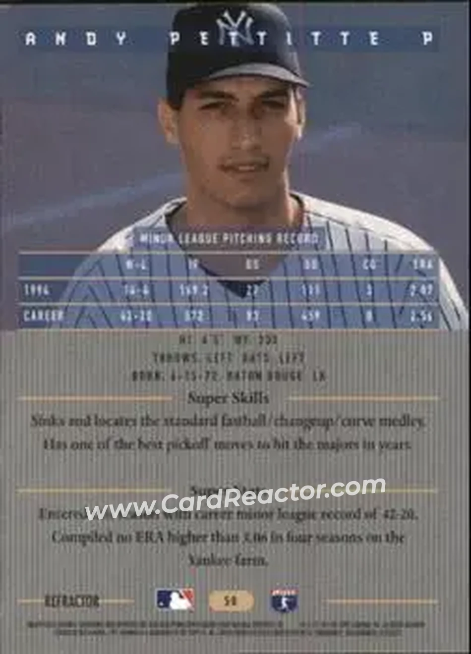 1995 Bowman's Best - Refractors #50 - Andy Pettitte - New York Yankees - Back
