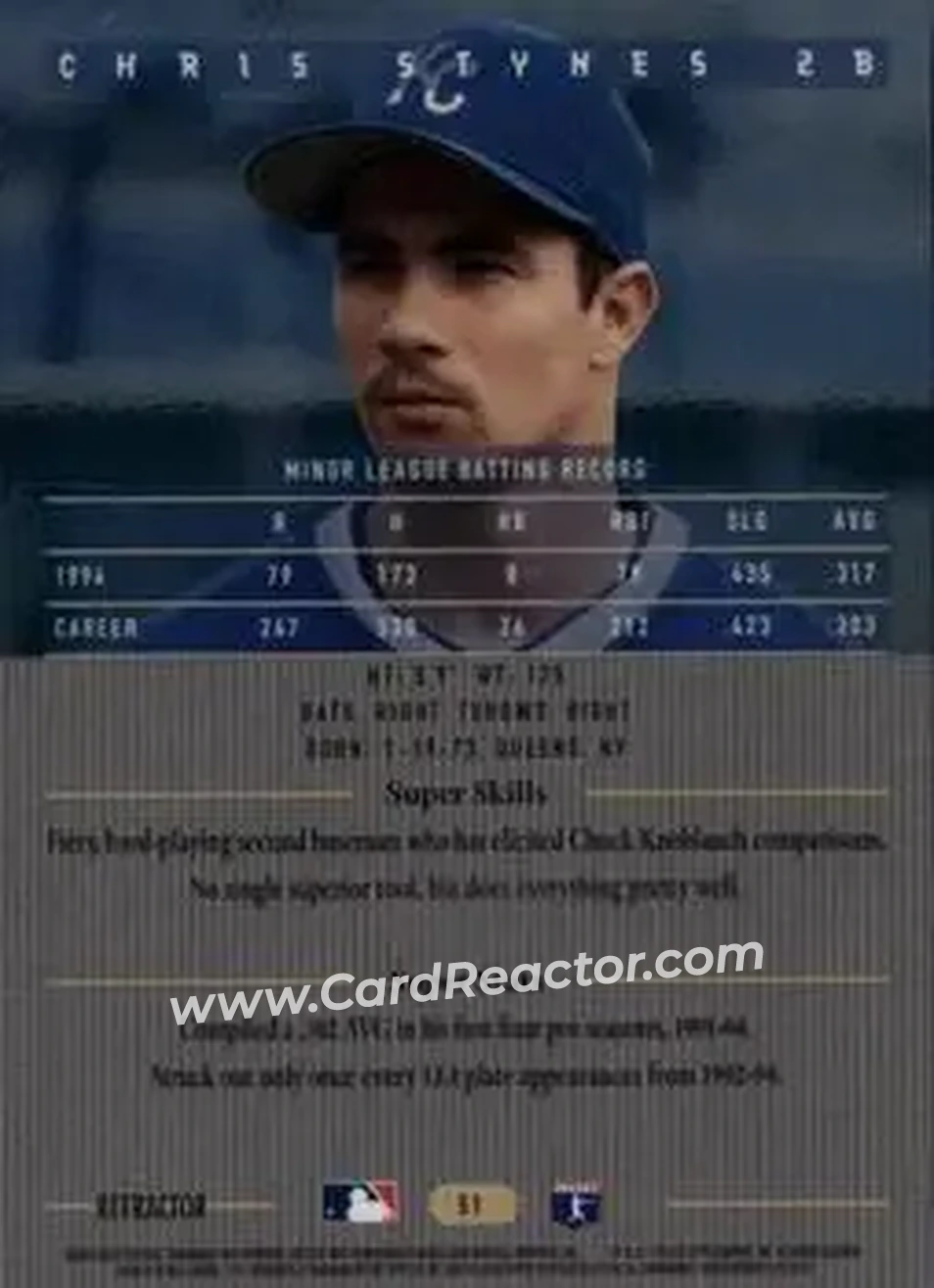 1995 Bowman's Best - Refractors #51 - Chris Stynes - Kansas City Royals - Back