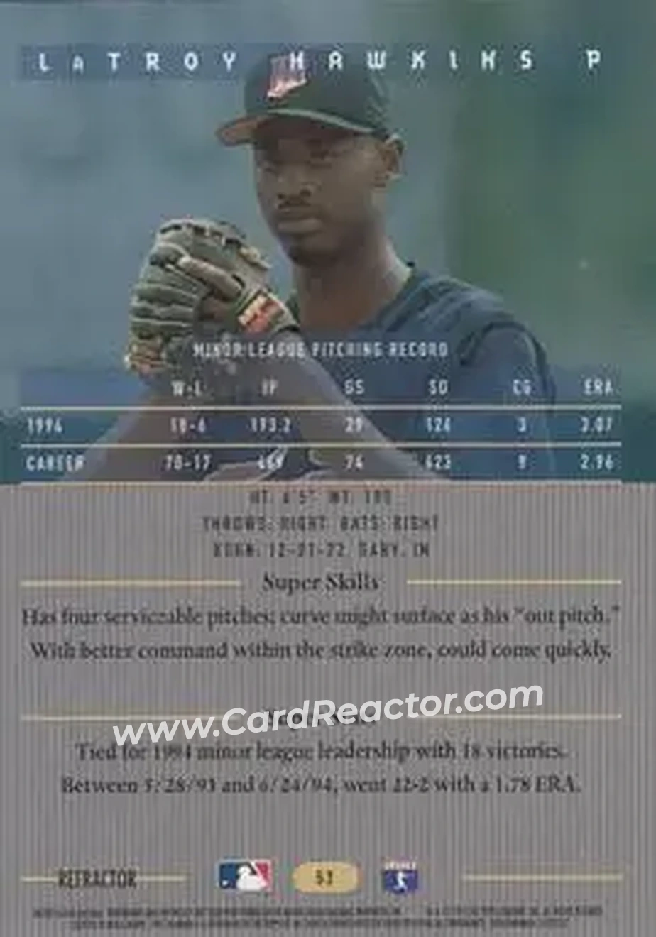 1995 Bowman's Best - Refractors #53 - LaTroy Hawkins - Minnesota Twins - Back 1995 Bowman's Best - Refractors #53 - LaTroy Hawkins - Minnesota Twins - Back