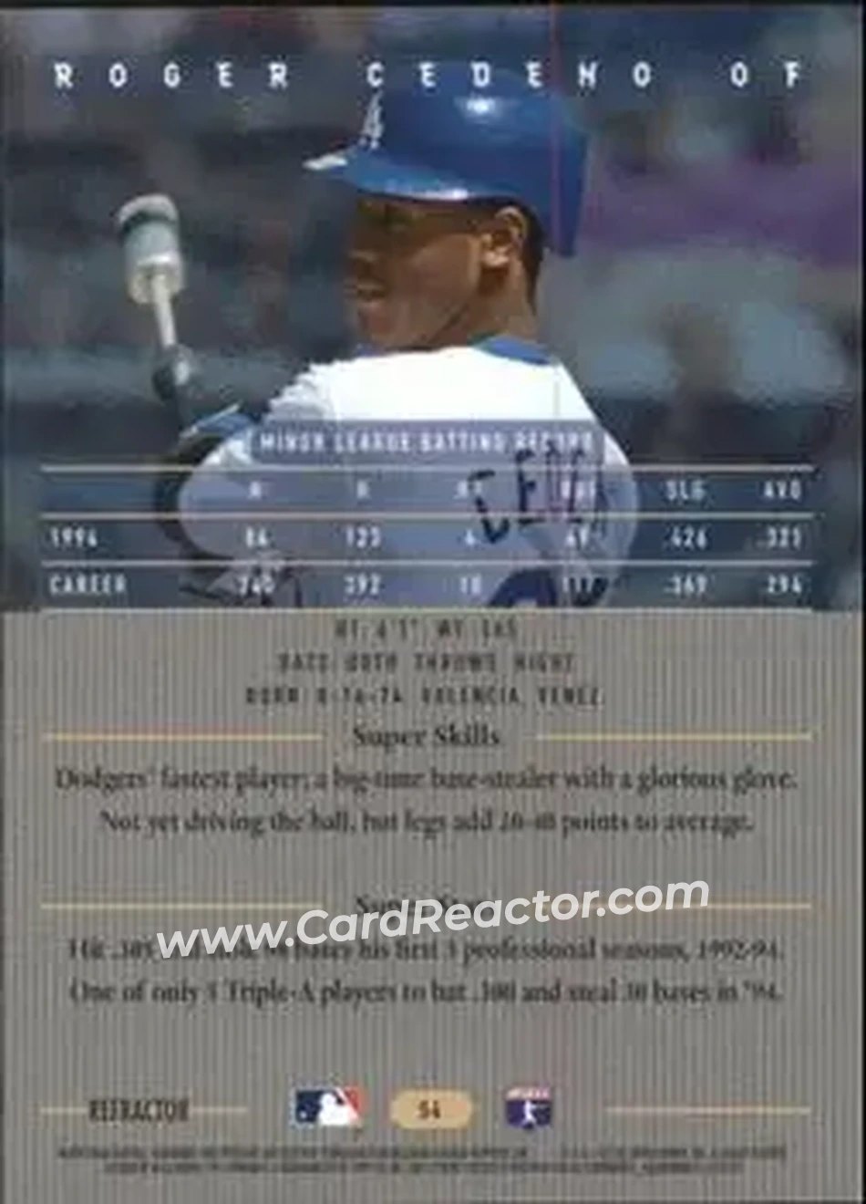 1995 Bowman's Best - Refractors #54 - Roger Cedeno - Los Angeles Dodgers - Back