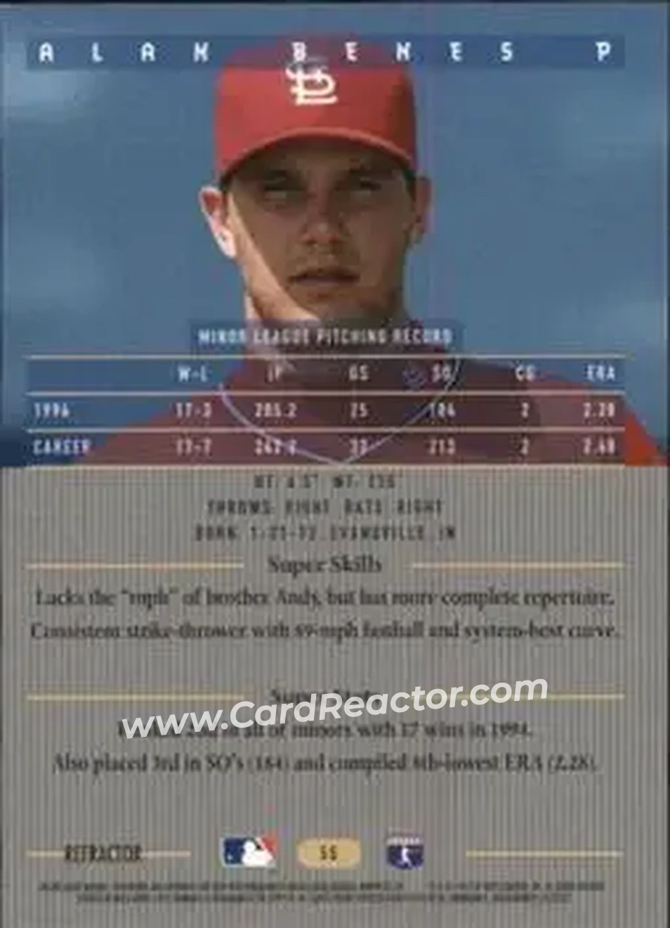 1995 Bowman's Best - Refractors #55 - Alan Benes - St. Louis Cardinals - Back