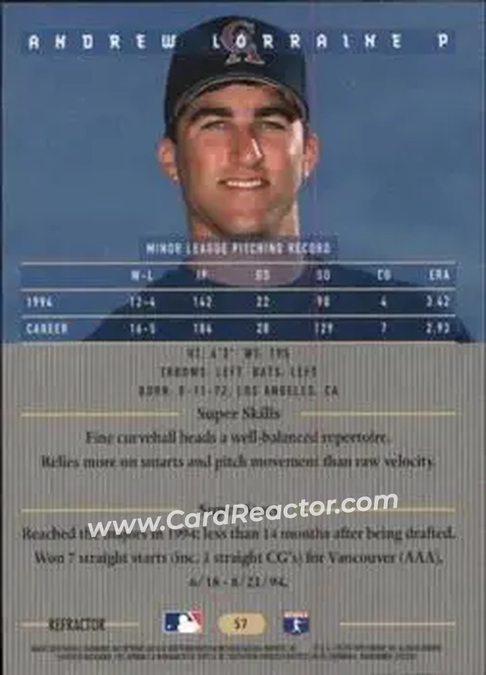 1995 Bowman's Best - Refractors #57 - Andrew Lorraine - California Angels - Back