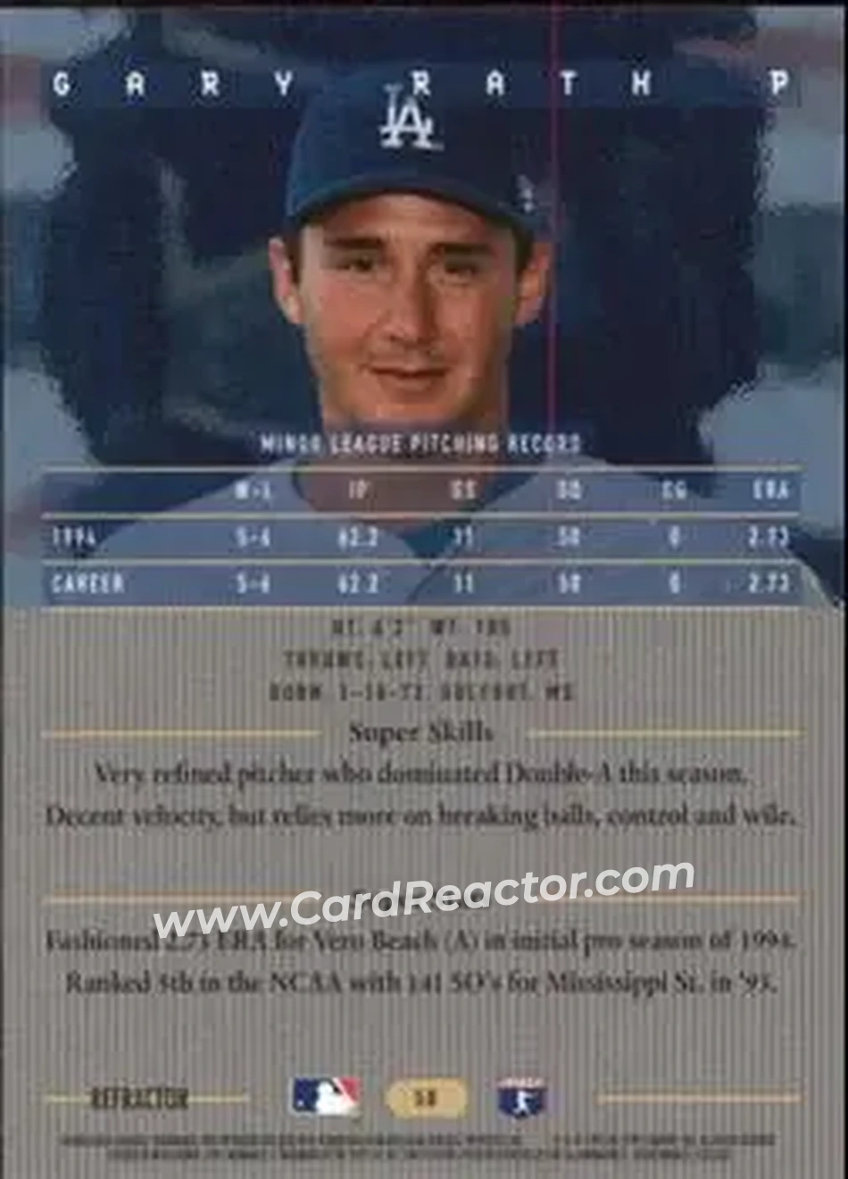 1995 Bowman's Best - Refractors #58 - Gary Rath - Los Angeles Dodgers - Back