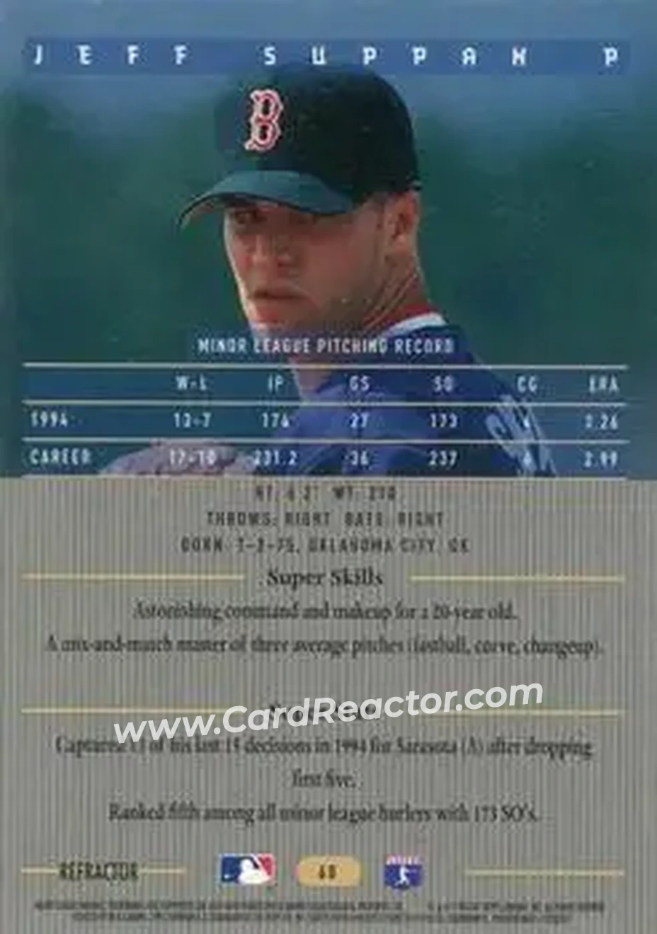 1995 Bowman's Best - Refractors #60 - Jeff Suppan - Boston Red Sox - Back