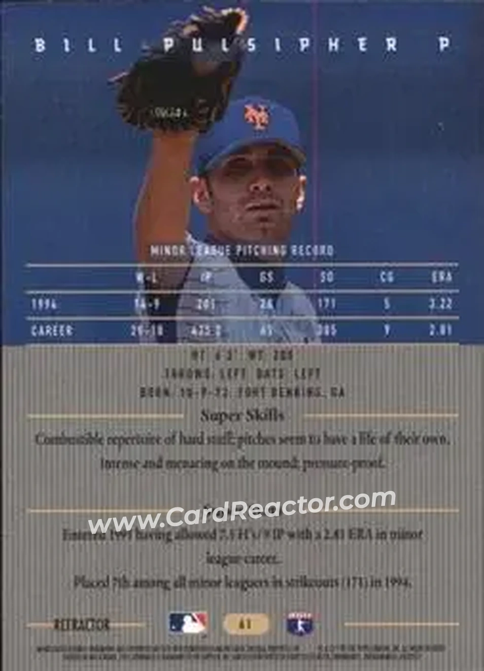 1995 Bowman's Best - Refractors #61 - Bill Pulsipher - New York Mets - Back