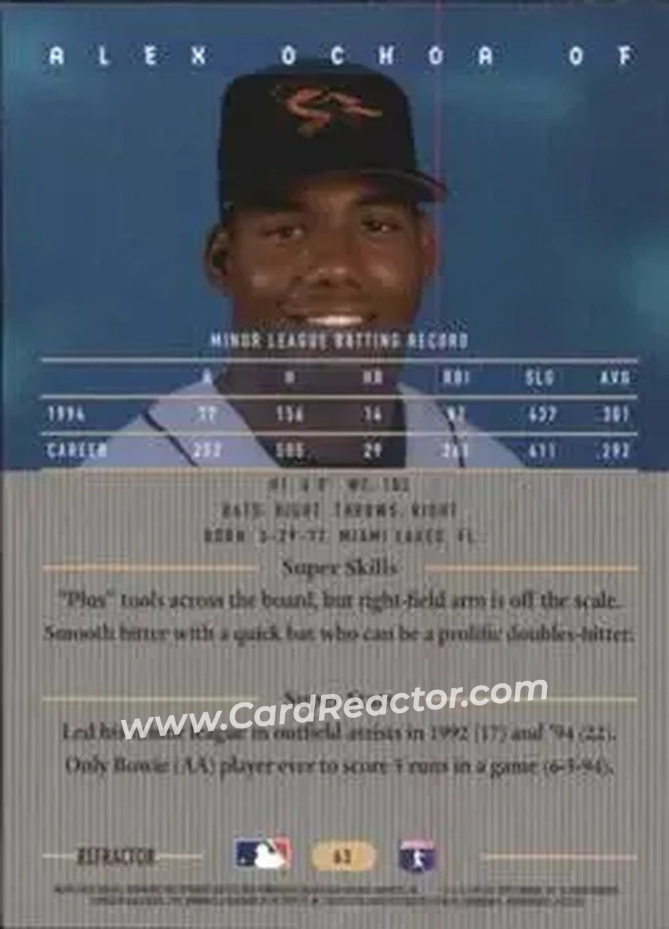 1995 Bowman's Best - Refractors #63 - Alex Ochoa - Baltimore Orioles - Back