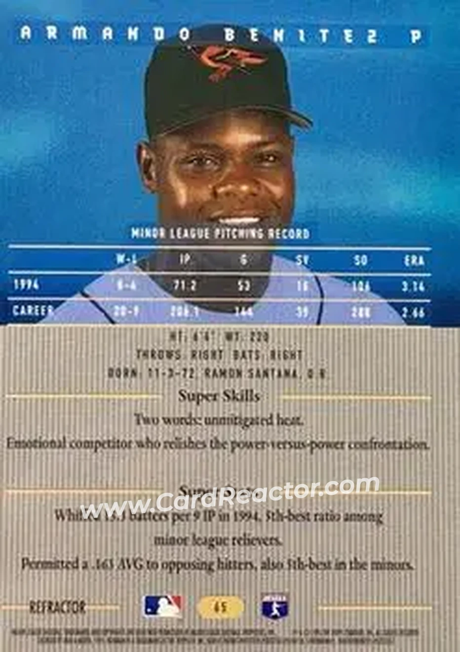 1995 Bowman's Best - Refractors #65 - Armando Benitez - Baltimore Orioles - Back