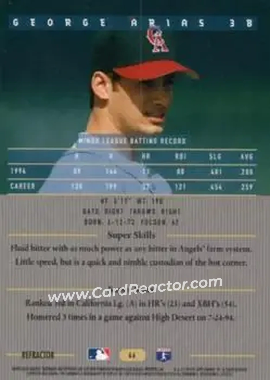 1995 Bowman's Best - Refractors #66 - George Arias - California Angels - Back