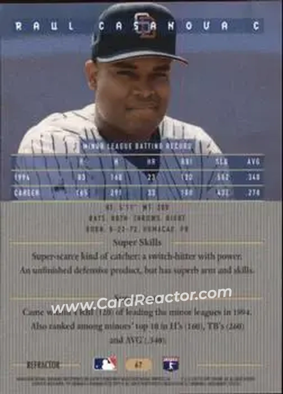 1995 Bowman's Best - Refractors #67 - Raul Casanova - San Diego Padres - Back