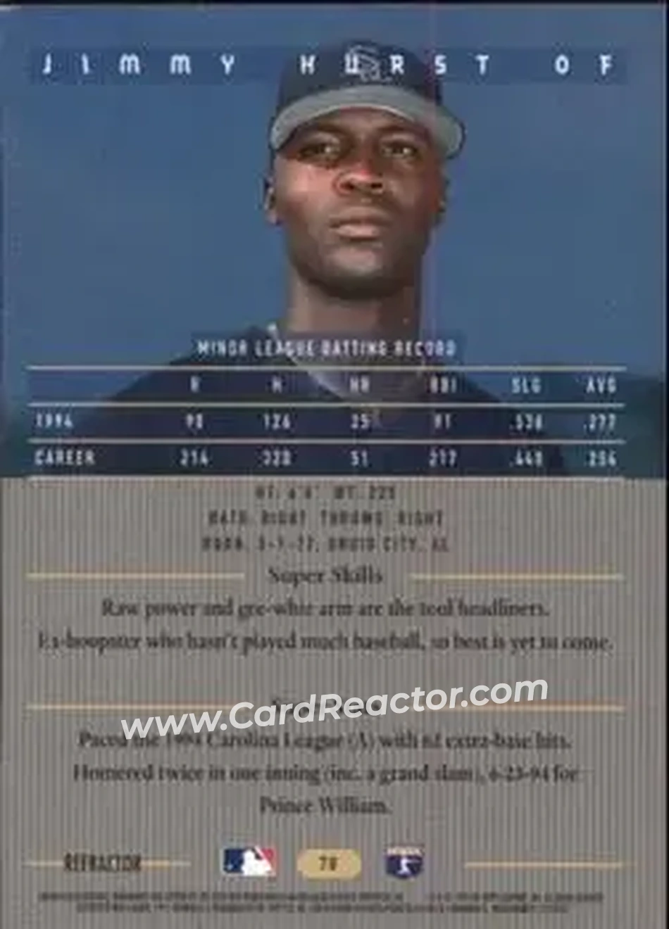 1995 Bowman's Best - Refractors #70 - Jimmy Hurst - Chicago White Sox - Back