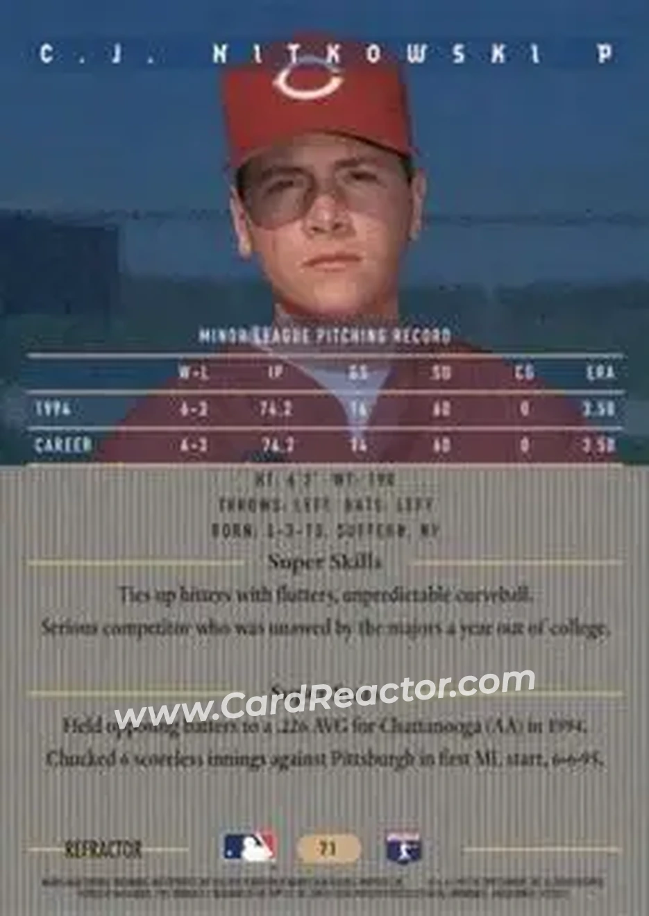 1995 Bowman's Best - Refractors #71 - C.J. Nitkowski - Cincinnati Reds - Back
