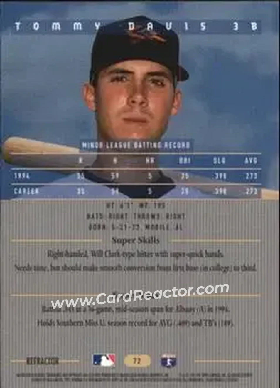 1995 Bowman's Best - Refractors #72 - Tommy Davis - Baltimore Orioles - Back