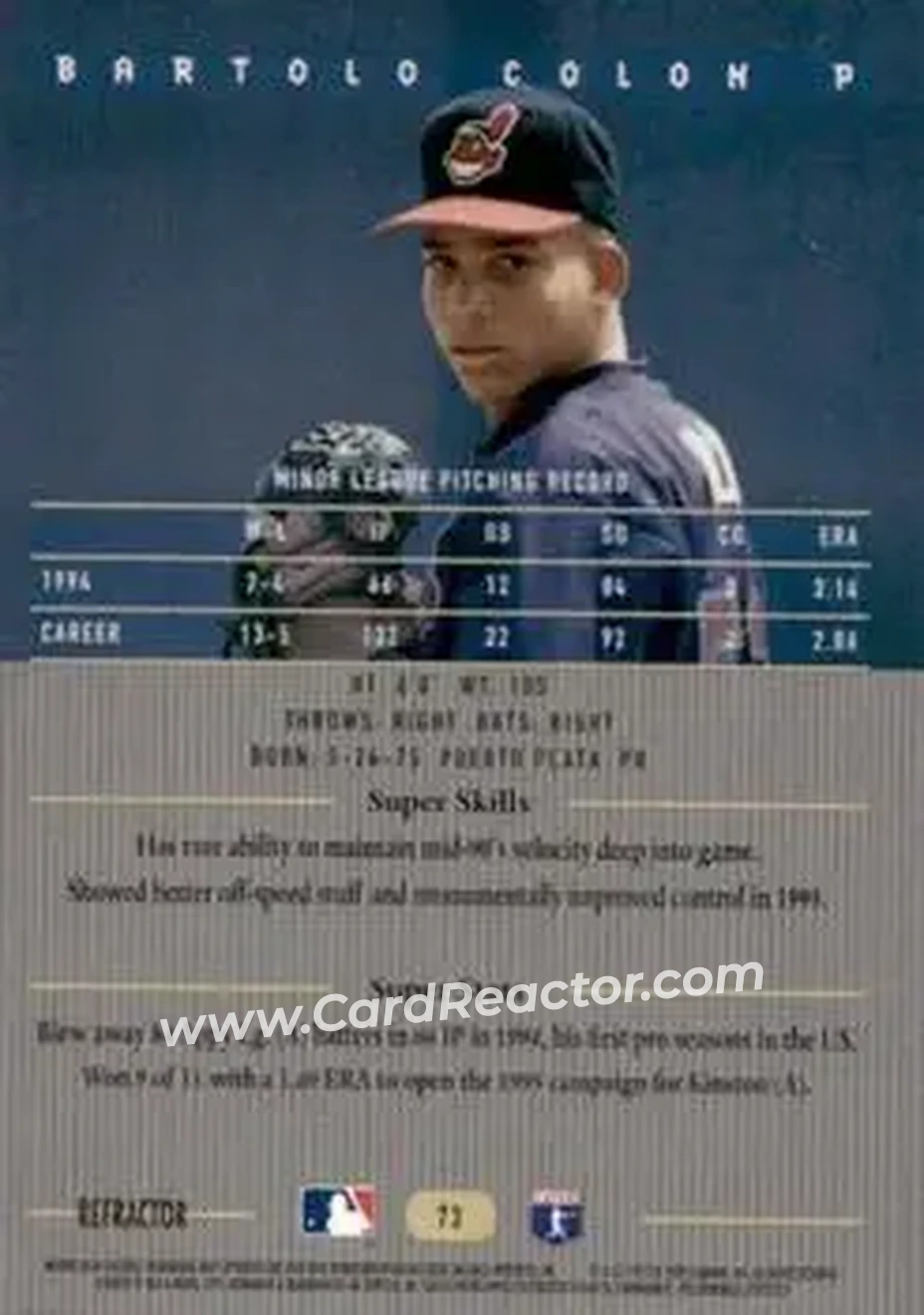1995 Bowman's Best - Refractors #73 - Bartolo Colon - Cleveland Indians - Back