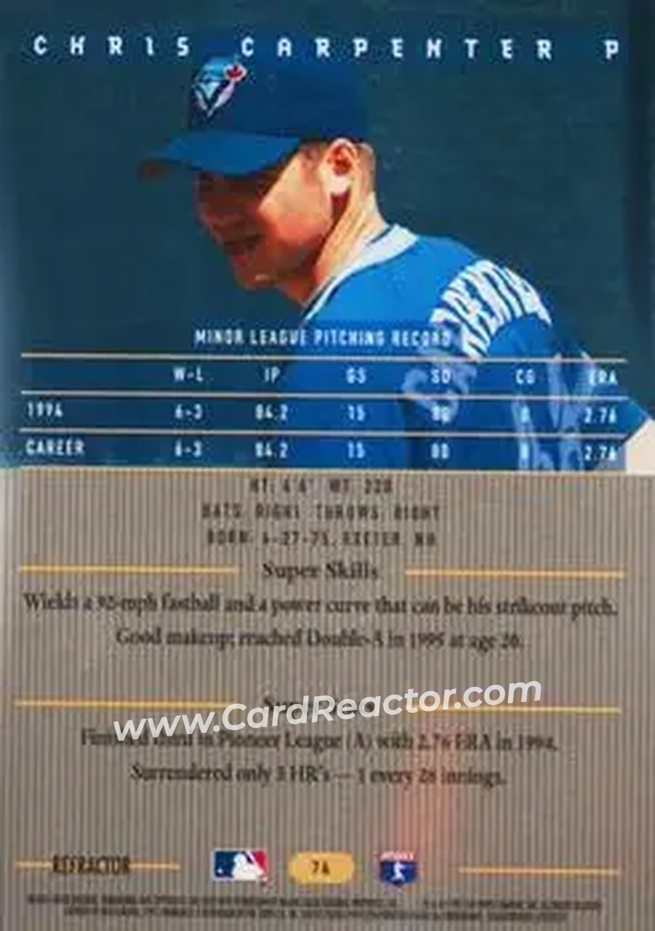 1995 Bowman's Best - Refractors #74 - Chris Carpenter - Toronto Blue Jays - Back