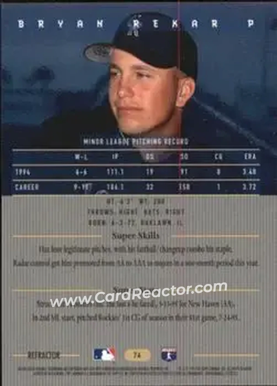 1995 Bowman's Best - Refractors #76 - Bryan Rekar - Colorado Rockies - Back
