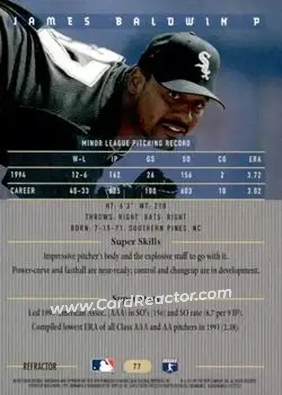 1995 Bowman's Best - Refractors #77 - James Baldwin - Chicago White Sox - Back