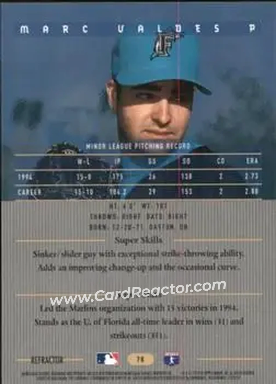 1995 Bowman's Best - Refractors #78 - Marc Valdes - Florida Marlins - Back