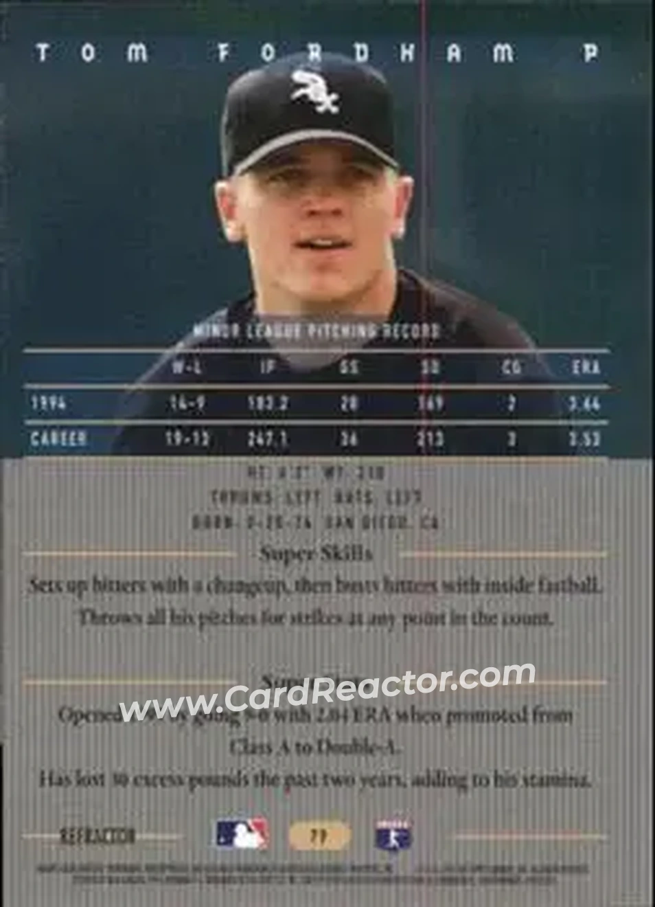1995 Bowman's Best - Refractors #79 - Tom Fordham - Chicago White Sox - Back