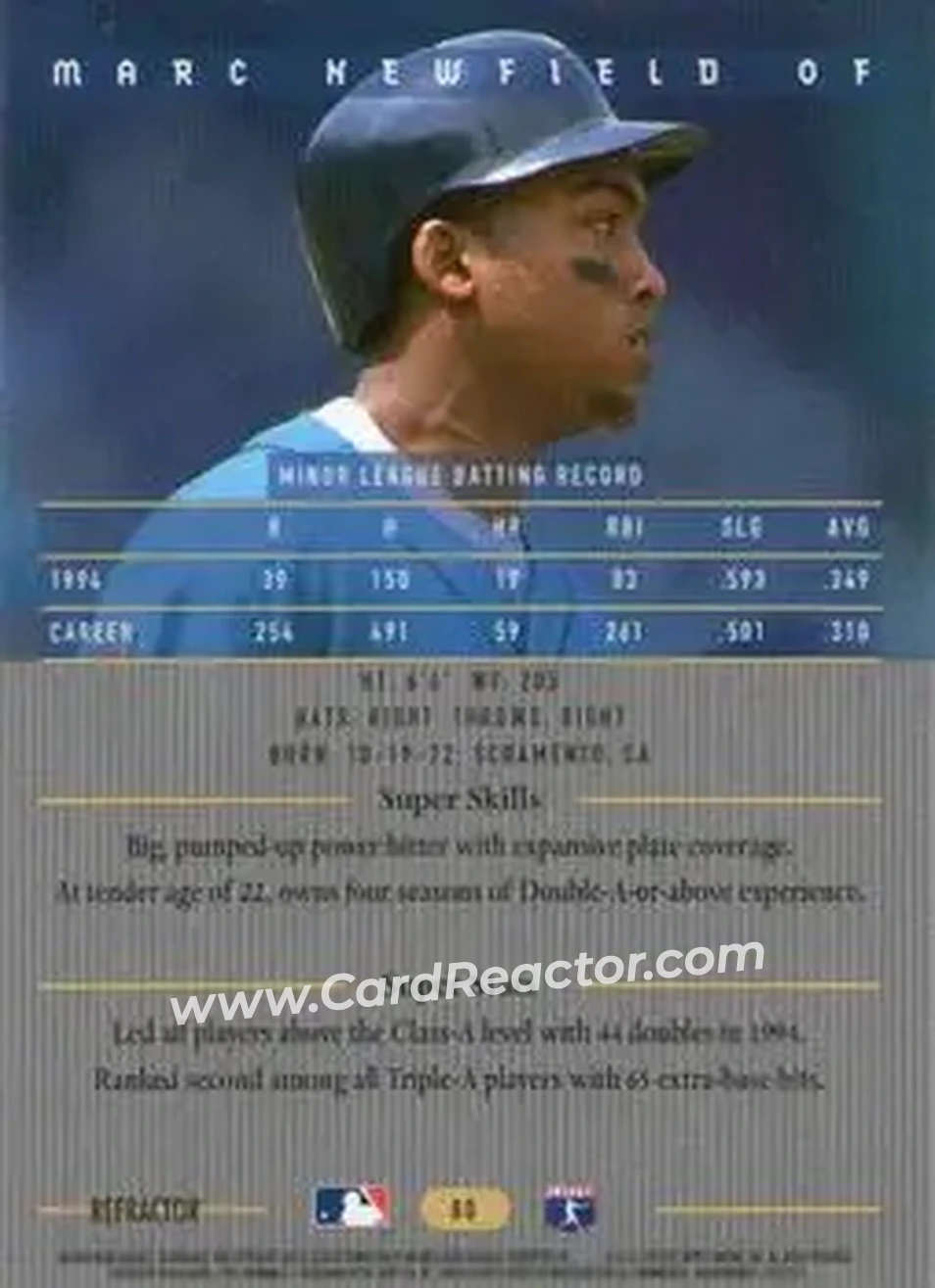 1995 Bowman's Best - Refractors #80 - Marc Newfield - Seattle Mariners - Back