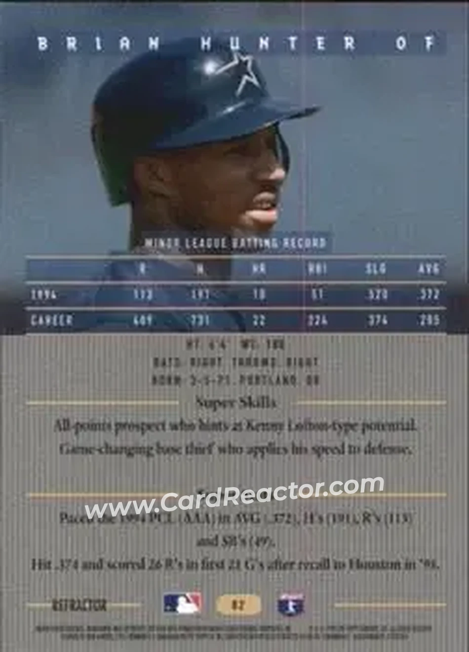 1995 Bowman's Best - Refractors #82 - Brian Hunter - Houston Astros - Back