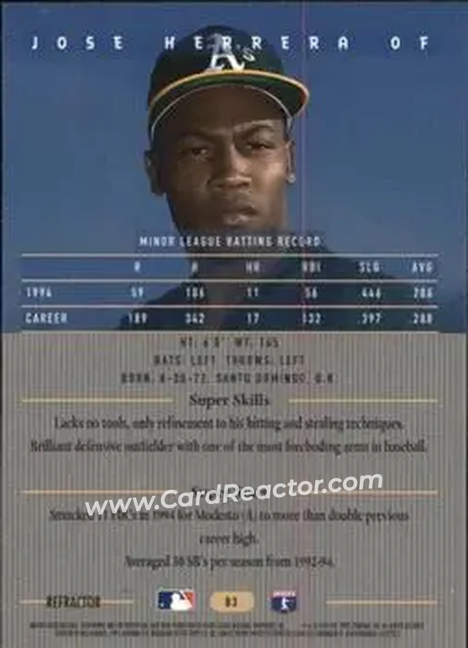 1995 Bowman's Best - Refractors #83 - Jose Herrera - Oakland Athletics - Back