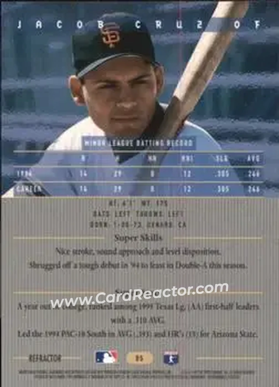 1995 Bowman's Best - Refractors #85 - Jacob Cruz - San Francisco Giants - Back