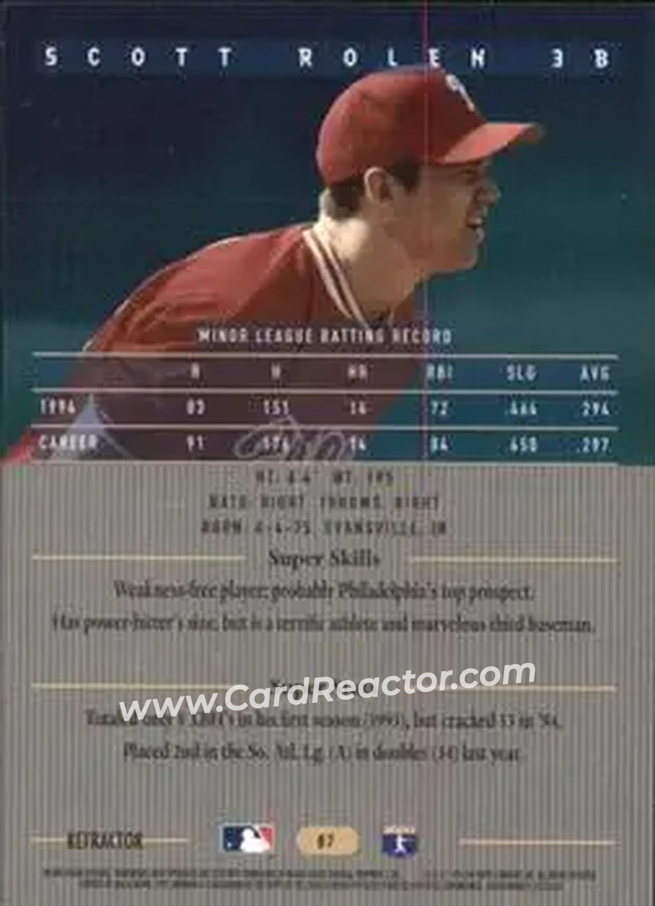 1995 Bowman's Best - Refractors #87 - Scott Rolen - Philadelphia Phillies - Back