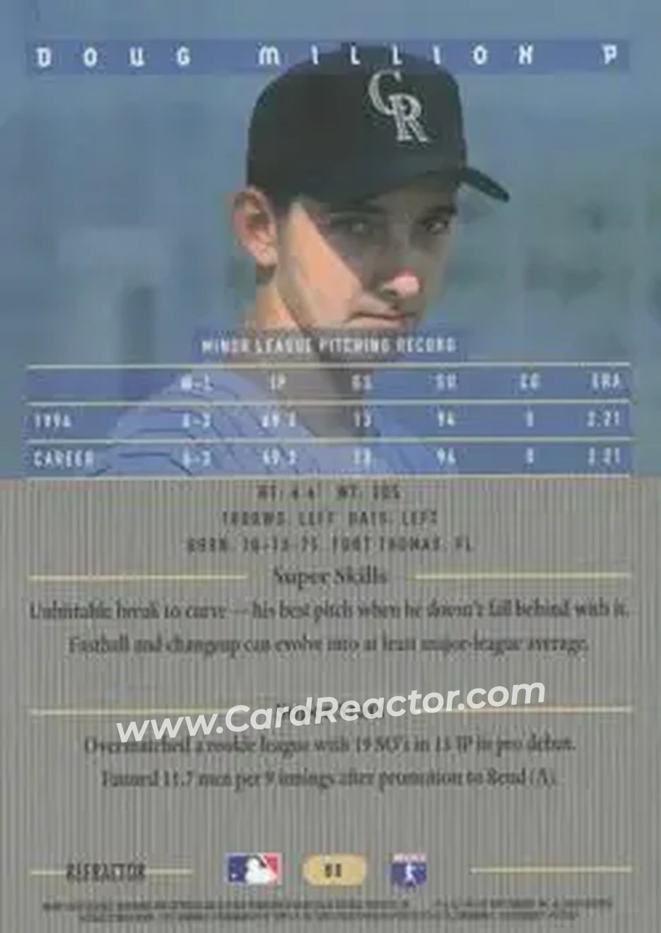 1995 Bowman's Best - Refractors #88 - Doug Million - Colorado Rockies - Back