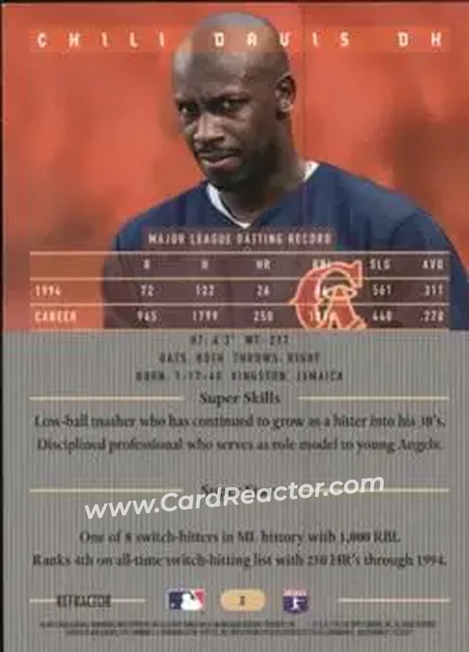 1995 Bowman's Best - Refractors #3 - Chili Davis - California Angels - Back