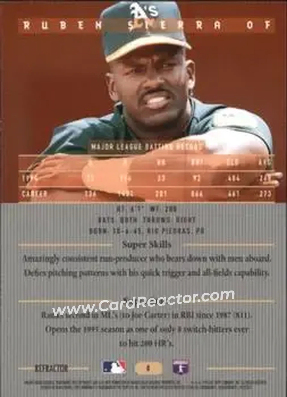 1995 Bowman's Best - Refractors #8 - Ruben Sierra - Oakland Athletics - Back