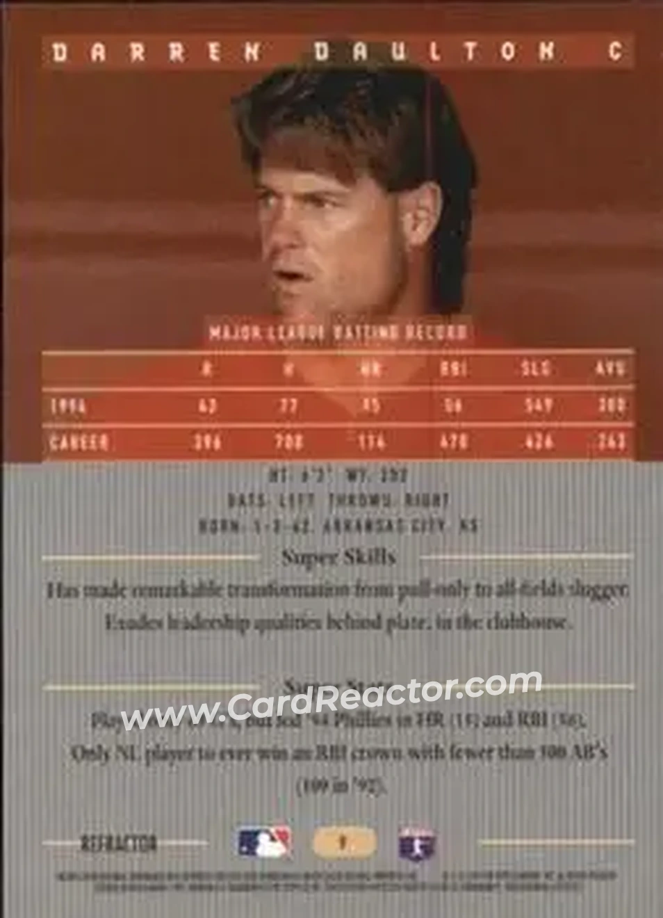 1995 Bowman's Best - Refractors #9 - Darren Daulton - Philadelphia Phillies - Back