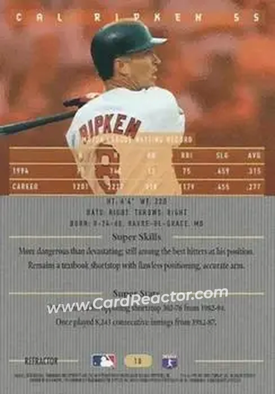 1995 Bowman's Best - Refractors #10 - Cal Ripken - Baltimore Orioles - Back