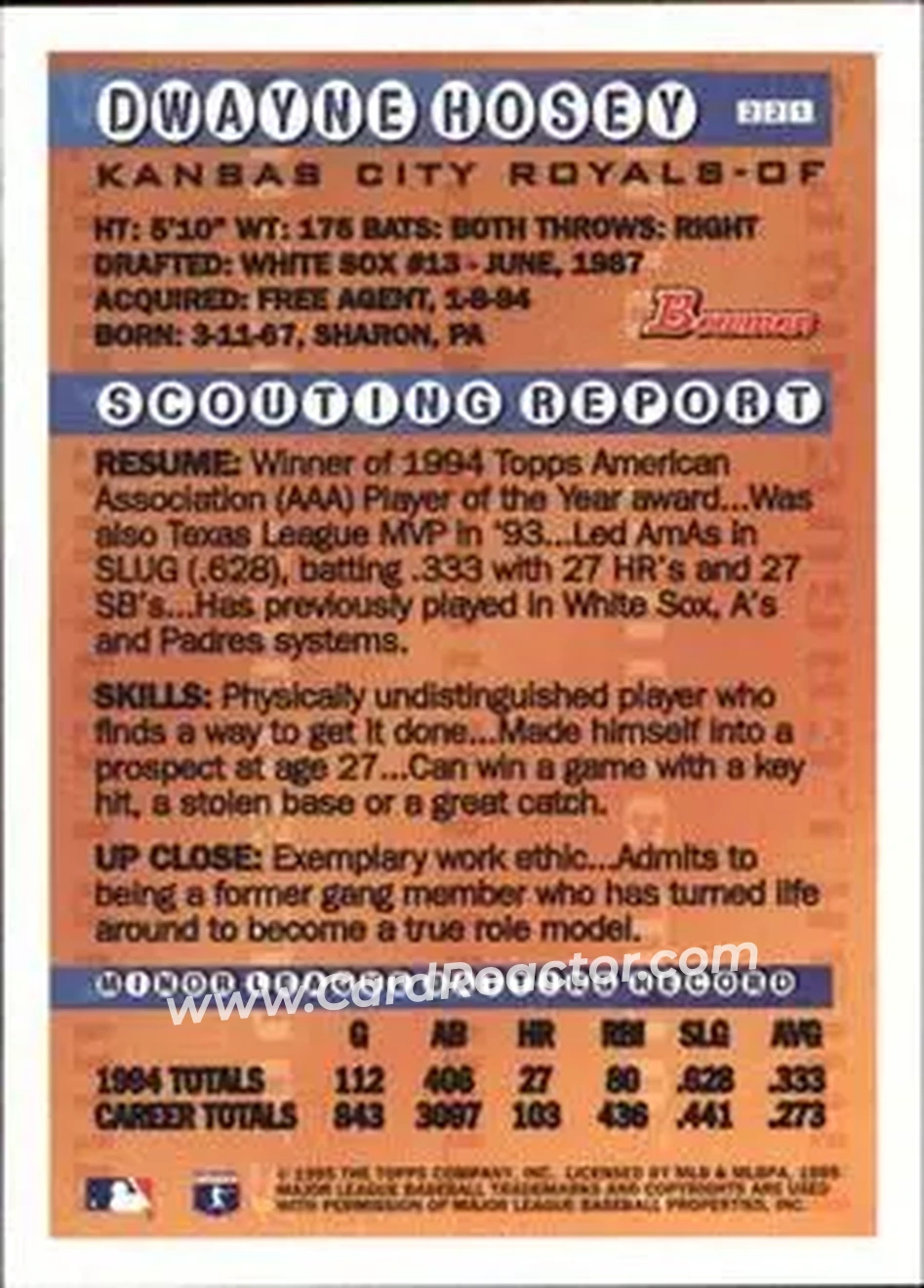 1995 Bowman - Gold Foil #221 - Dwayne Hosey - Kansas City Royals - Back 1995 Bowman - Gold Foil #221 - Dwayne Hosey - Kansas City Royals - Back