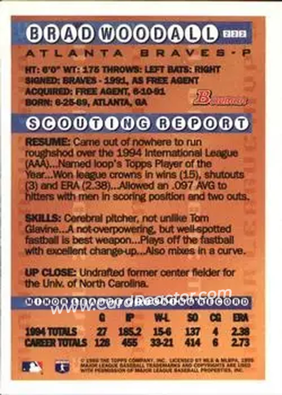 1995 Bowman - Gold Foil #222 - Brad Woodall - Atlanta Braves - Back 1995 Bowman - Gold Foil #222 - Brad Woodall - Atlanta Braves - Back