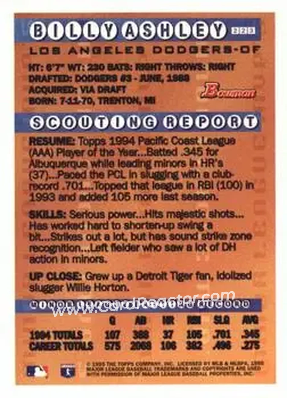 1995 Bowman - Gold Foil #223 - Billy Ashley - Los Angeles Dodgers - Back