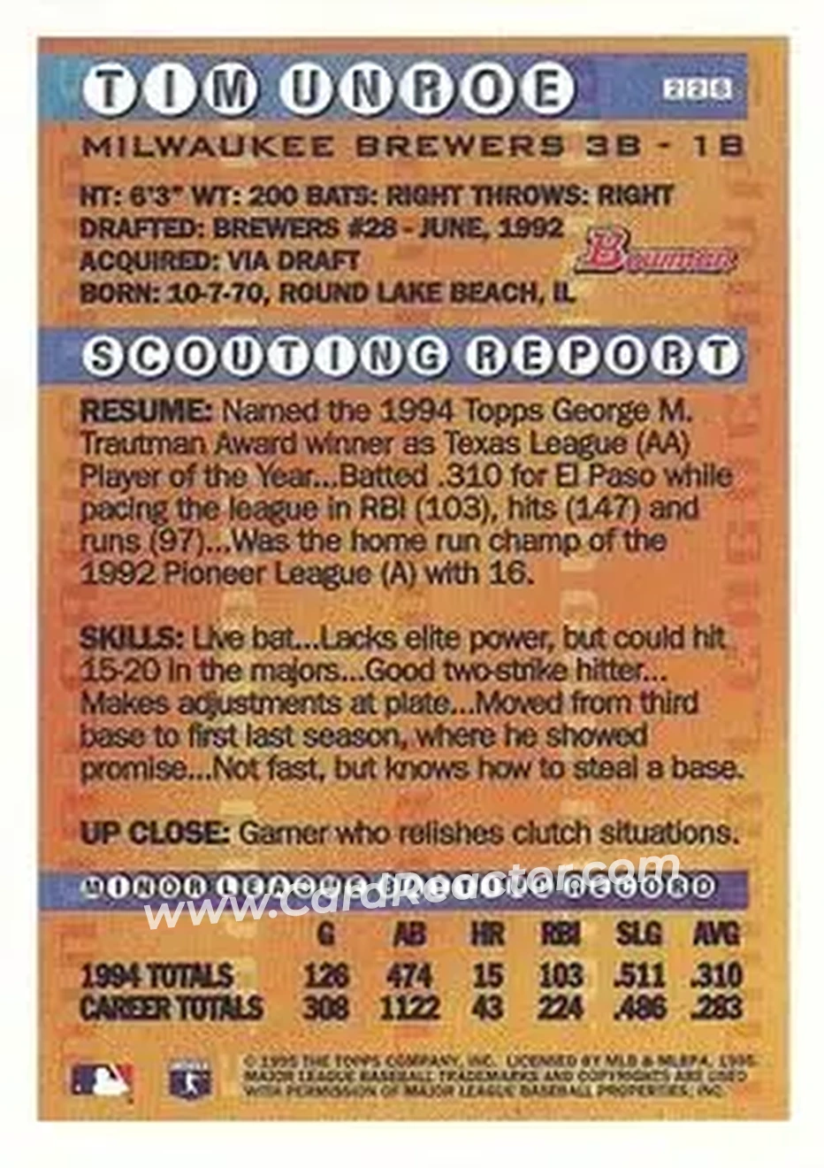 1995 Bowman - Gold Foil #226 - Tim Unroe - Milwaukee Brewers - Back