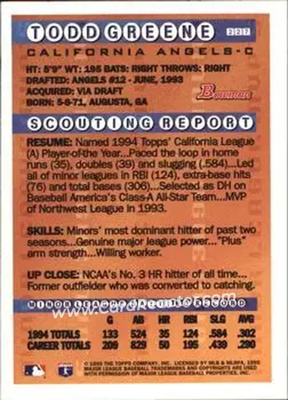 1995 Bowman - Gold Foil #227 - Todd Greene - California Angels - Back