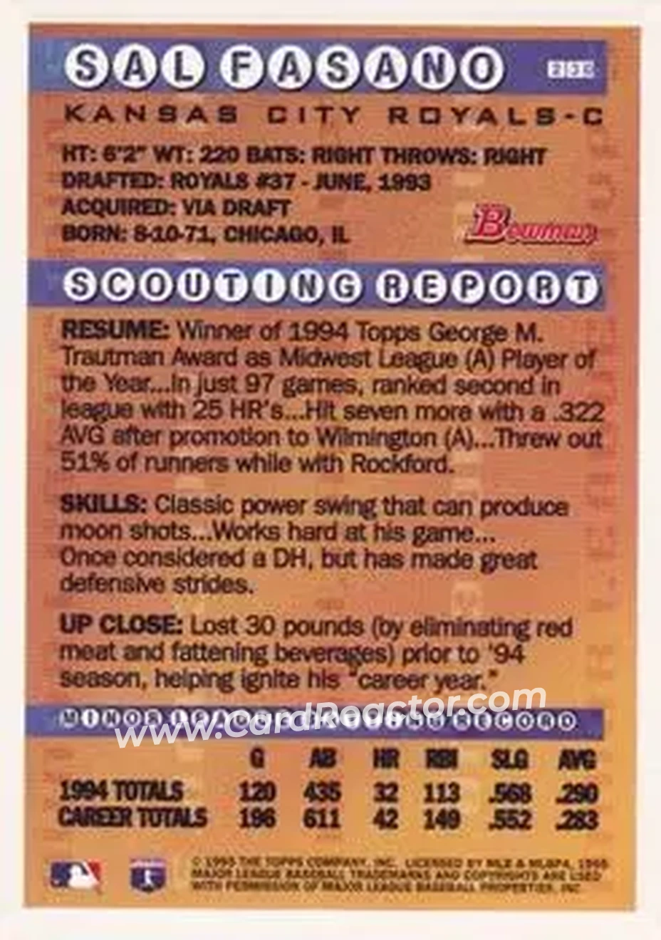 1995 Bowman - Gold Foil #230 - Sal Fasano - Kansas City Royals - Back